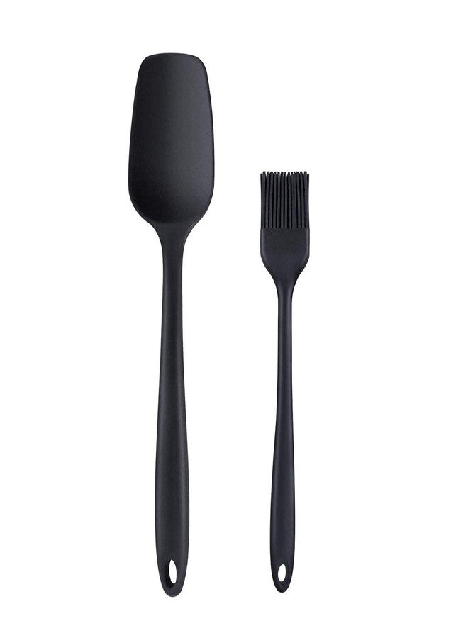 Ramkuwar Silicone Spatula & Brush Set Food Grade Rubber Spatula Baking Brush Non-Stick Safe Kitchen Utensils for Cooking (Black, 2 Piece) - Image 1